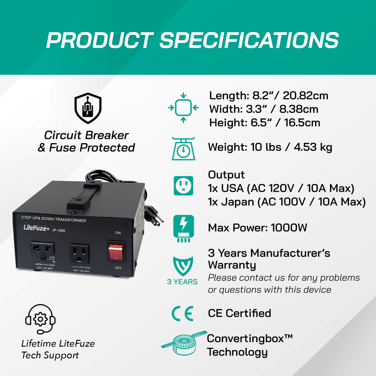 LiteFuze 1000W Step-Up/Step-Down Transformer with Dual Sockets - Premium Copper Coil, Noise Reduction, and Circuit Breaker Protection (JP-1000)