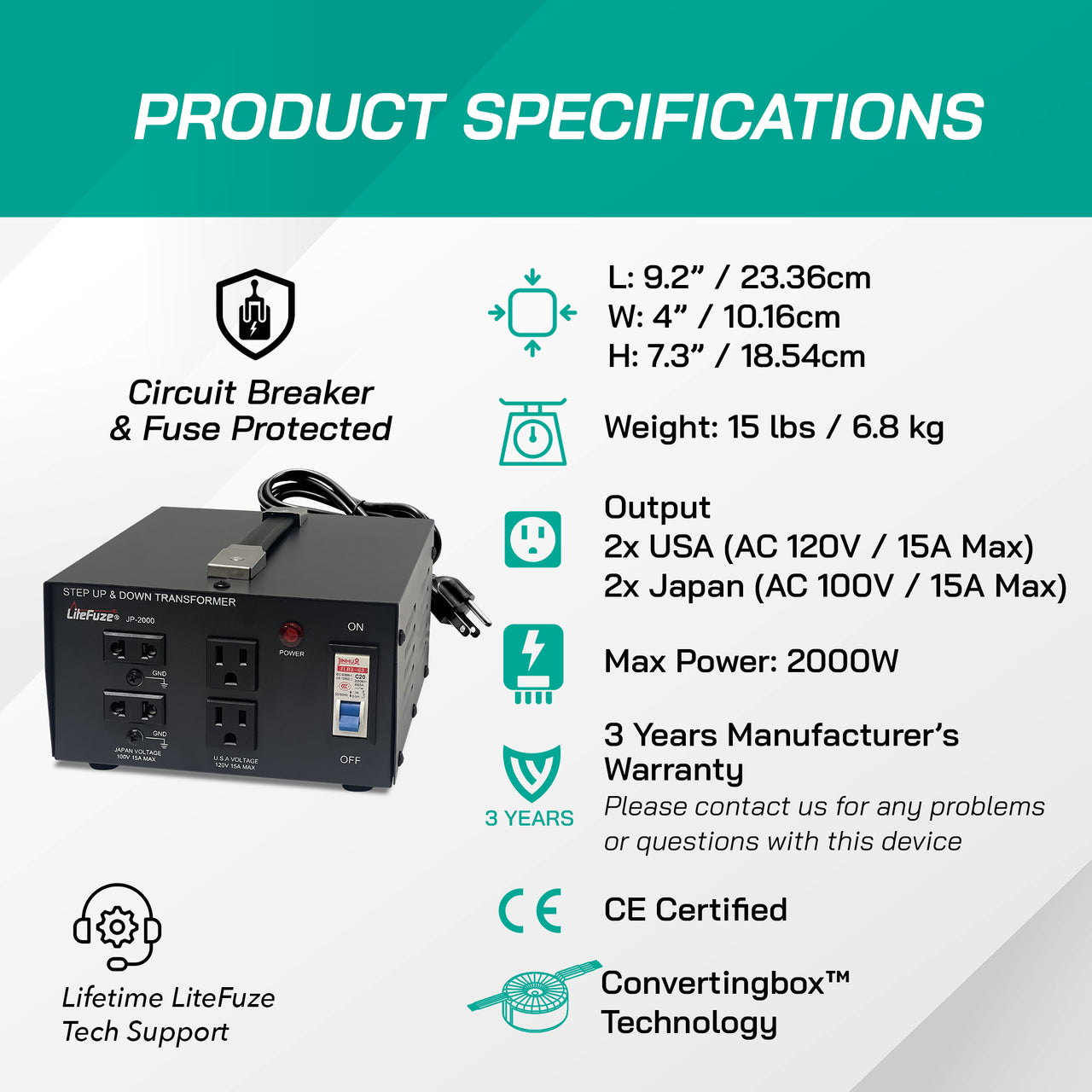 LiteFuze 2000w Step-Up/step-Down Transformer for Japanese and US appliances with 2 Outputs Sockets - Premium Copper Coil, Noise Reduction, and Circuit Breaker Protection (JP-2000)