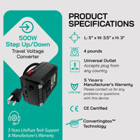 Thumbnail for 500W Step Up/Step Down Power Transformer - Type B Plug for Camera, Laptop & More