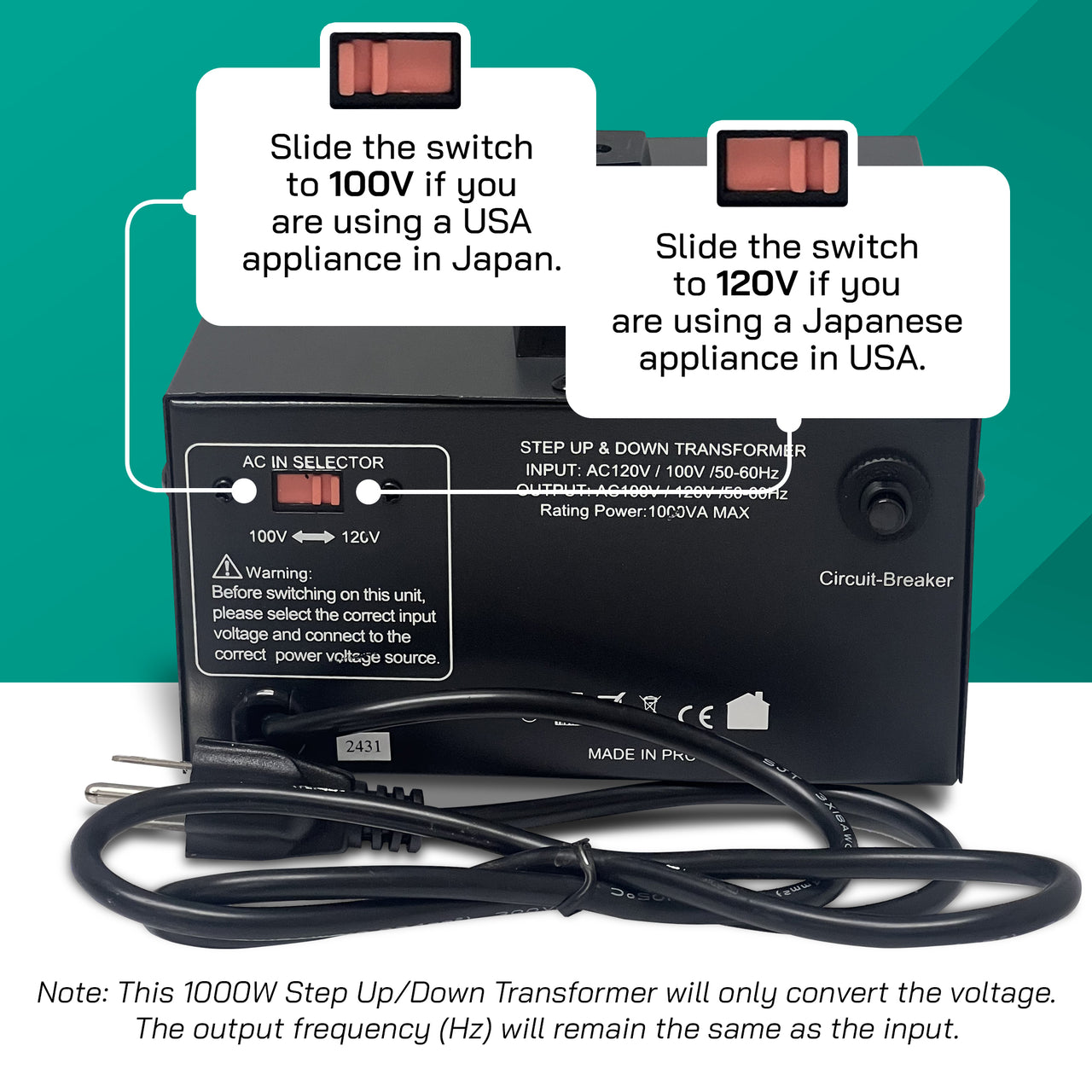 LiteFuze 1000W Step-Up/Step-Down Transformer with Dual Sockets - Premium Copper Coil, Noise Reduction, and Circuit Breaker Protection (JP-1000)